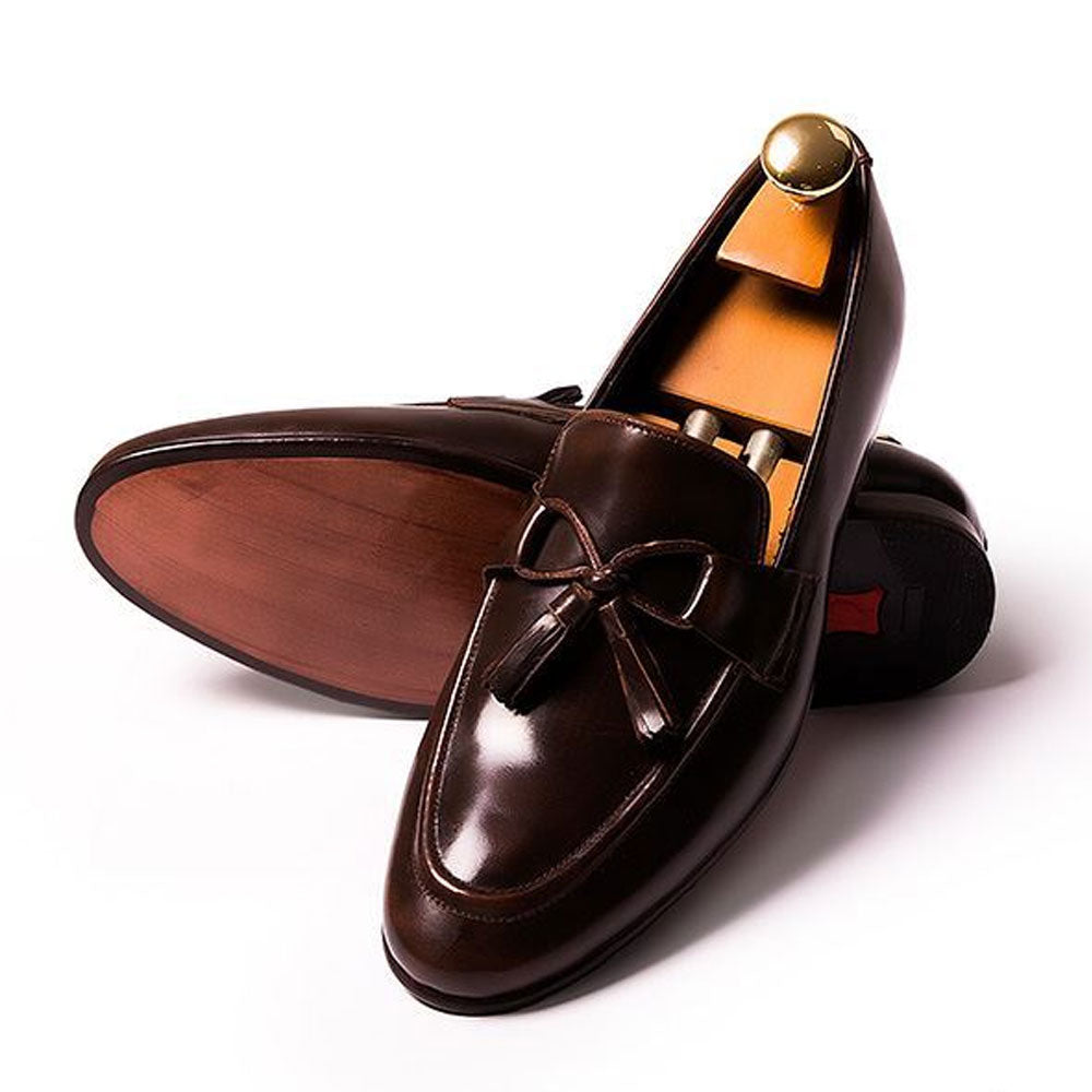 Men's Handmade Shoes Brown Elegant Tassels Burnished Calf Leather - Hand Made by JB