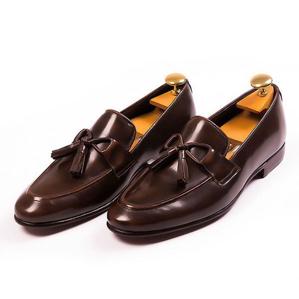 Men's Handmade Shoes Brown Elegant Tassels Burnished Calf Leather