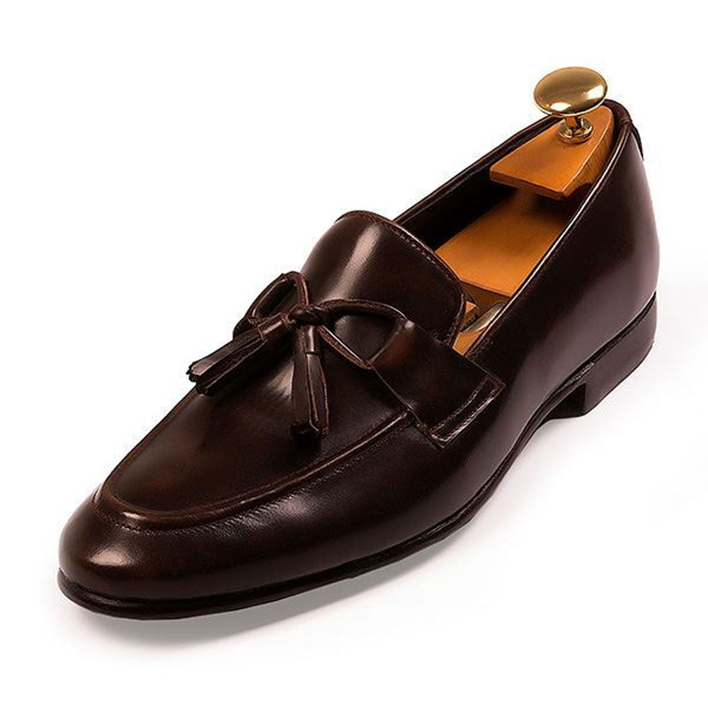 Men's Handmade Shoes Brown Elegant Tassels Burnished Calf Leather