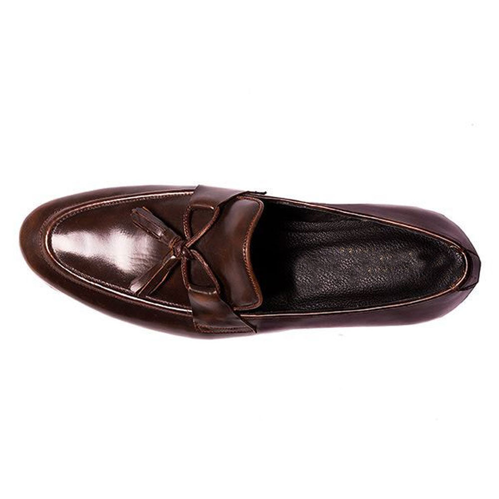 Men's Handmade Shoes Brown Elegant Tassels Burnished Calf Leather
