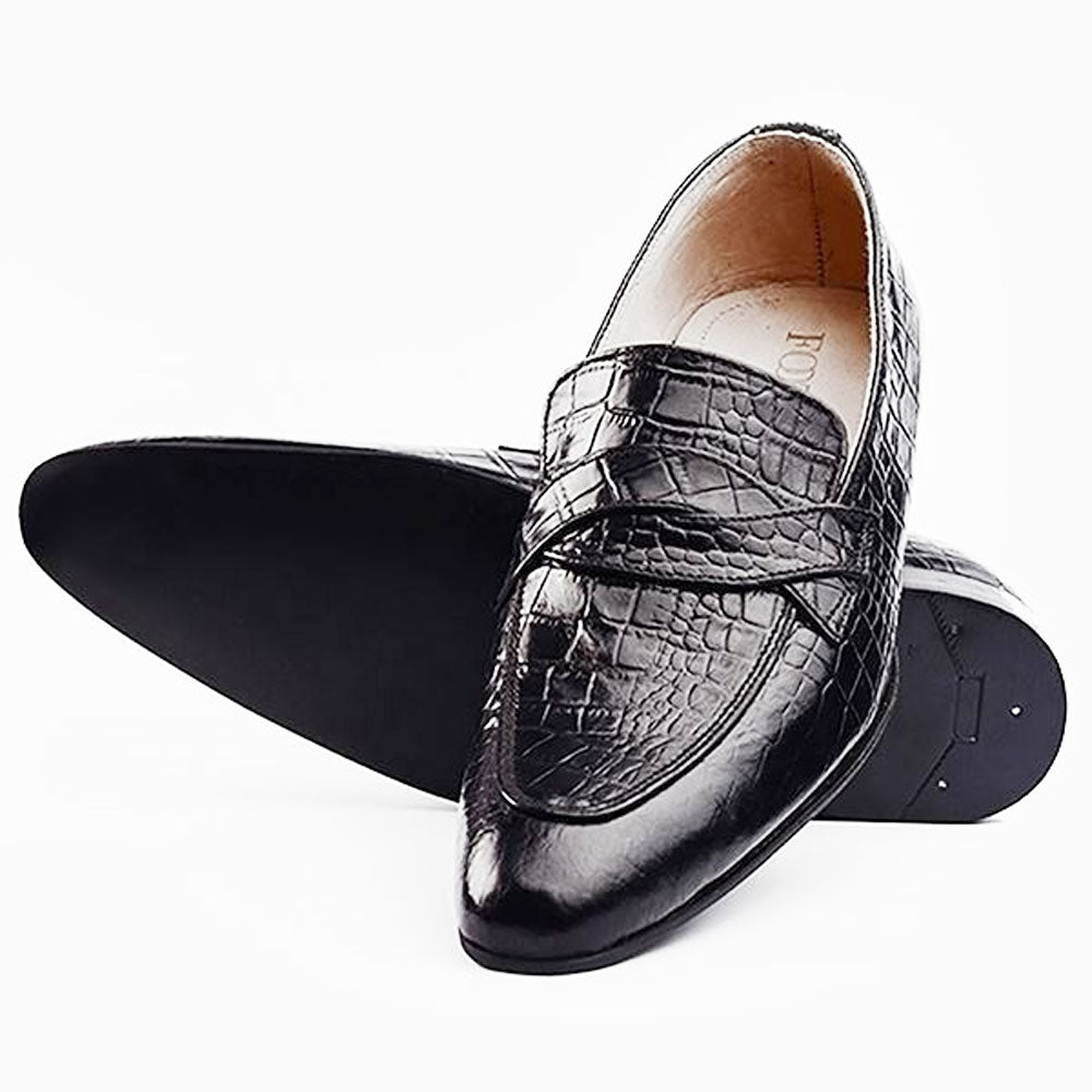 Men's Handmade Black Crocodile Leather Formal Shoes Slip-On - Hand Made by JB