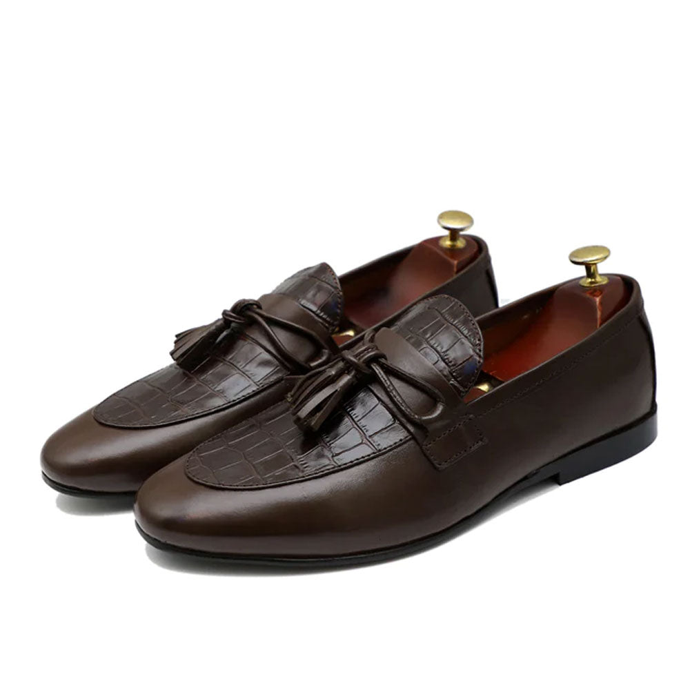 Men's Handmade Dark Brown Crocodile Leather Tassels Loafers Slip On Shoes