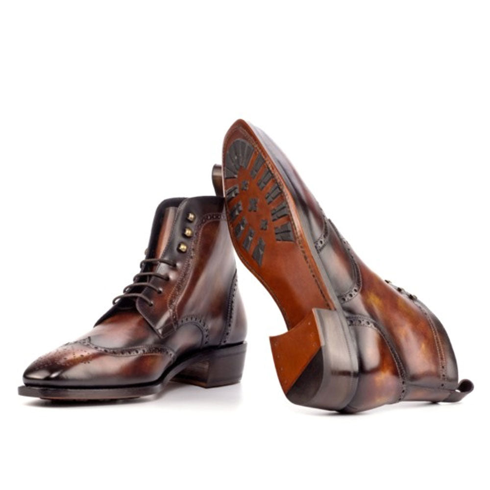 Men's Handmade Brogue Burnished Patina Leather Cuban Heel Elegant Derby Boot