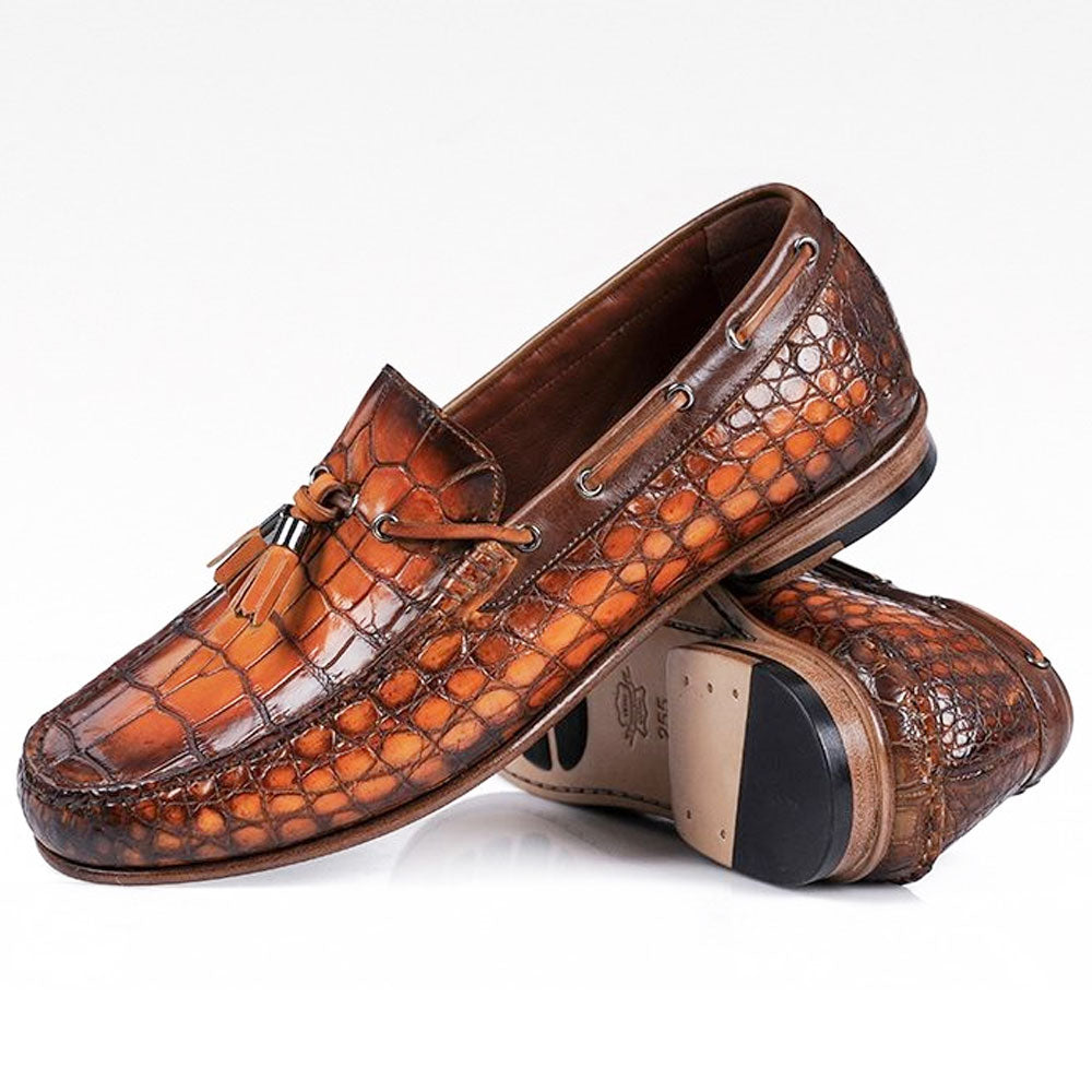 Men's Handmade Brown Crocodile Leather Tassels Loafers Slip On Shoes - Hand Made by JB