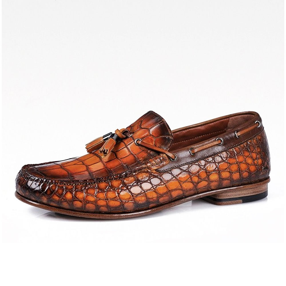 Men's Handmade Brown Crocodile Leather Tassels Loafers Slip On Shoes