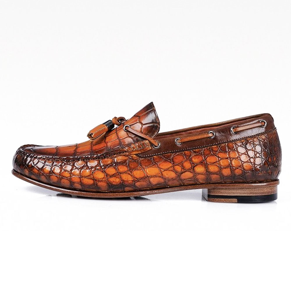 Men's Handmade Brown Crocodile Leather Tassels Loafers Slip On Shoes