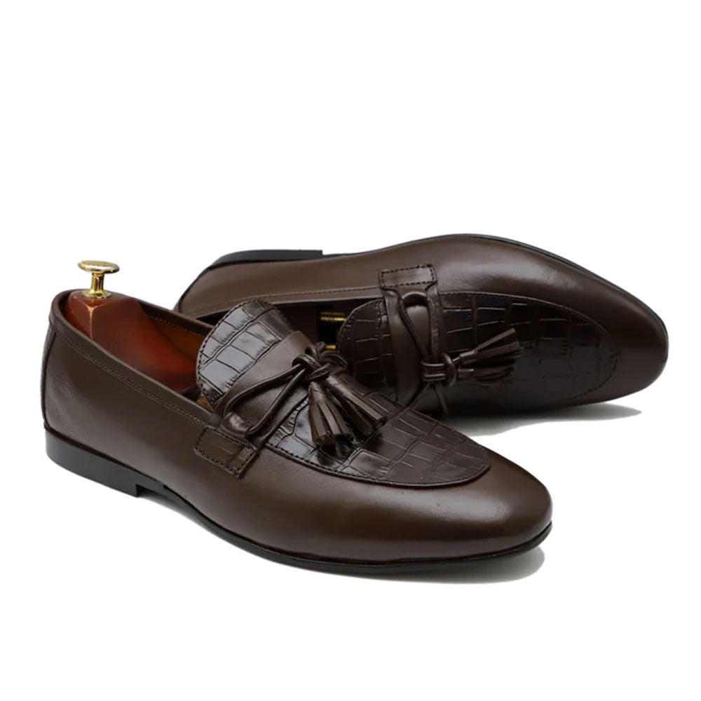 Men's Handmade Dark Brown Crocodile Leather Tassels Loafers Slip On Shoes