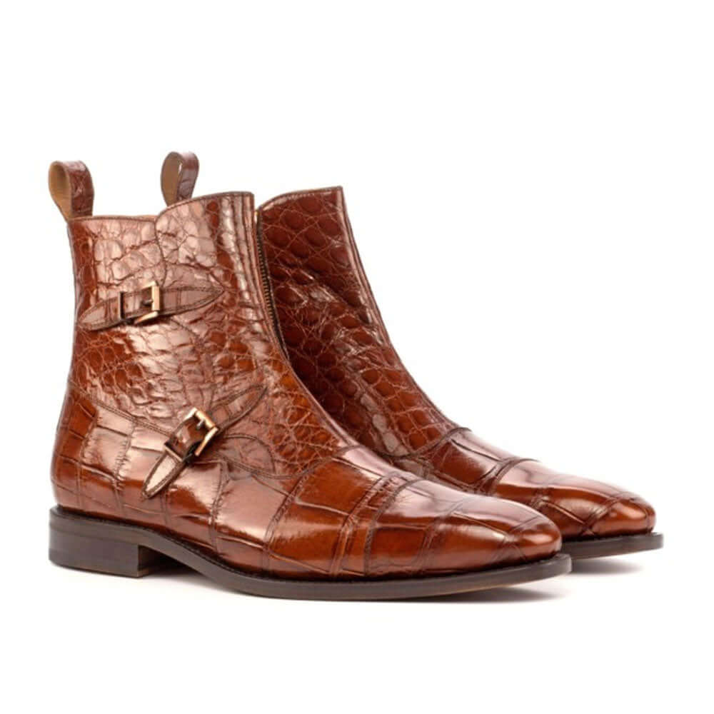 Men's Handmade Brown Crocodile Leather Double Monk Elegant Derby Boots - Hand Made by JB