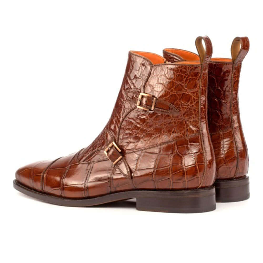 Men's Handmade Brown Crocodile Leather Double Monk Elegant Derby Boots