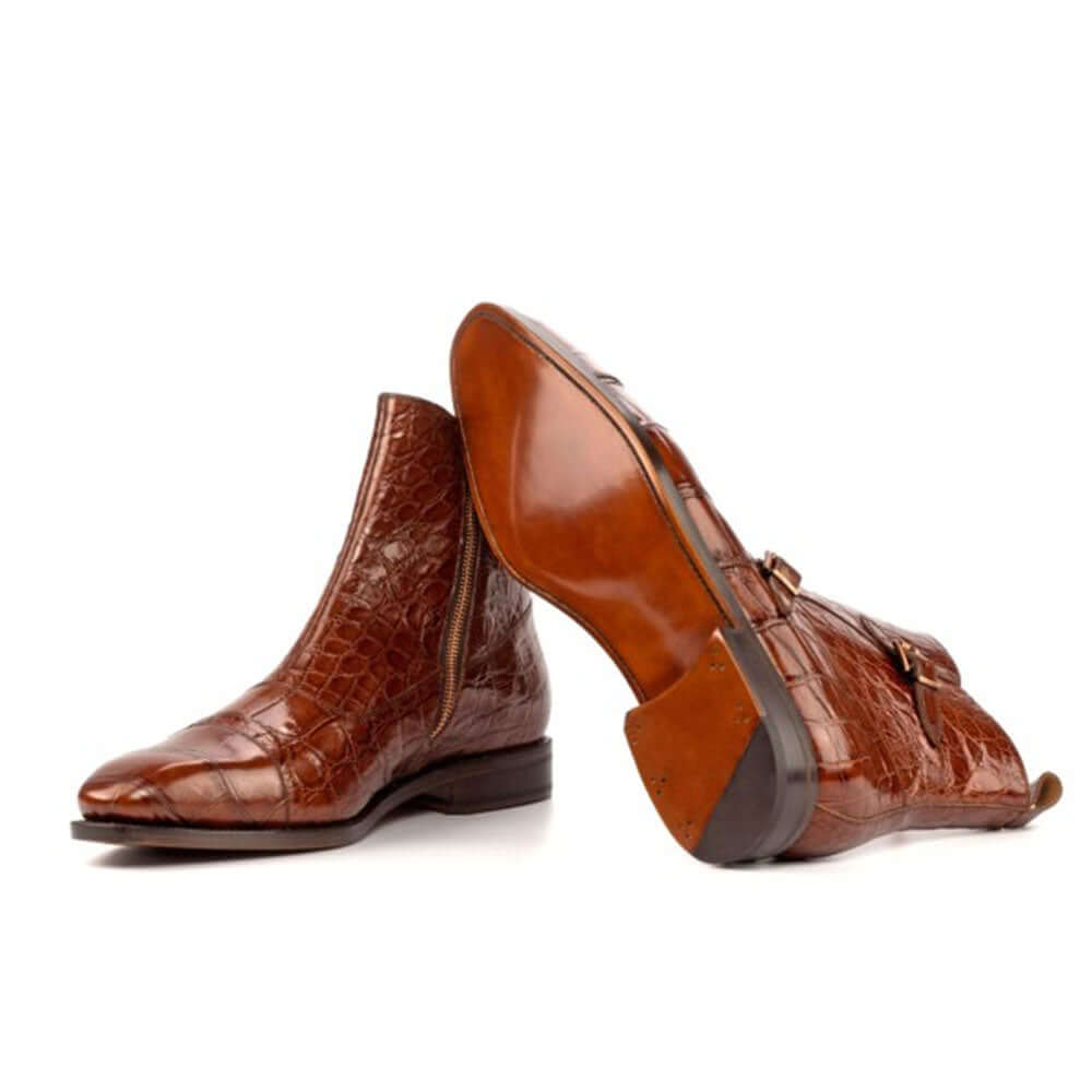 Men's Handmade Brown Crocodile Leather Double Monk Elegant Derby Boots