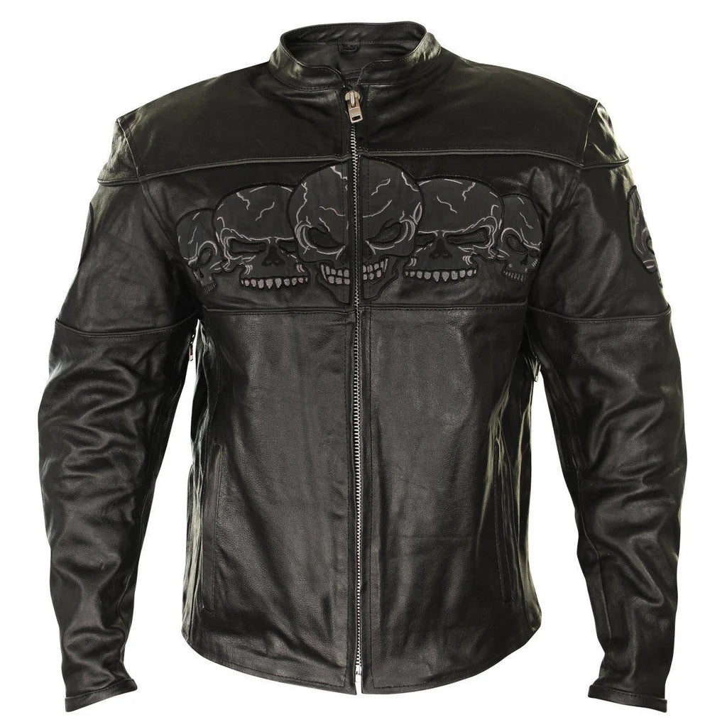 Mens Dark Black Cruising Motorcycle Leather Skull Racing Jacket - Hand Made by JB