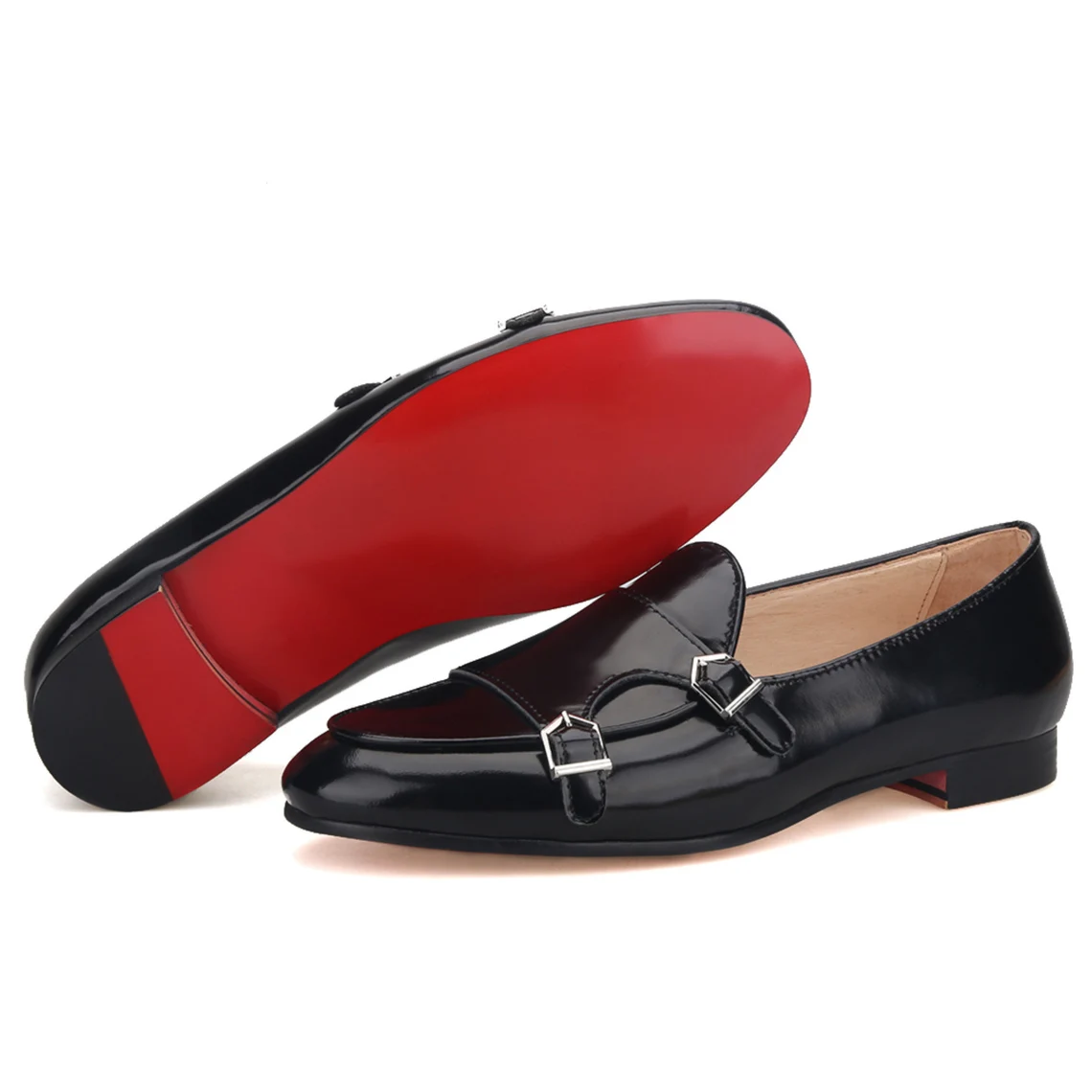 Black Double Monk Leather Slippers Loafers Prom Wedding