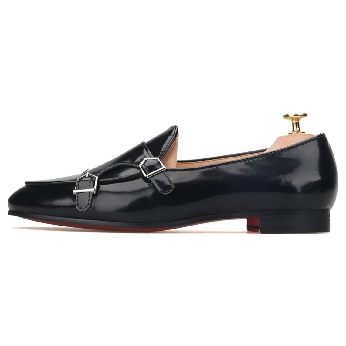 Black Double Monk Leather Slippers Loafers Prom Wedding