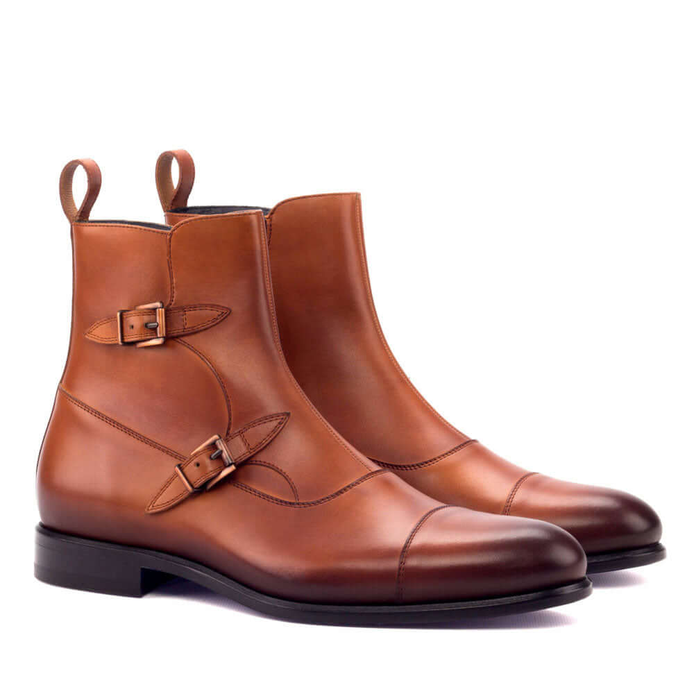 Men's Handmade Brown Burnished Leather Double Monk Elegant Derby Boots - Hand Made by JB