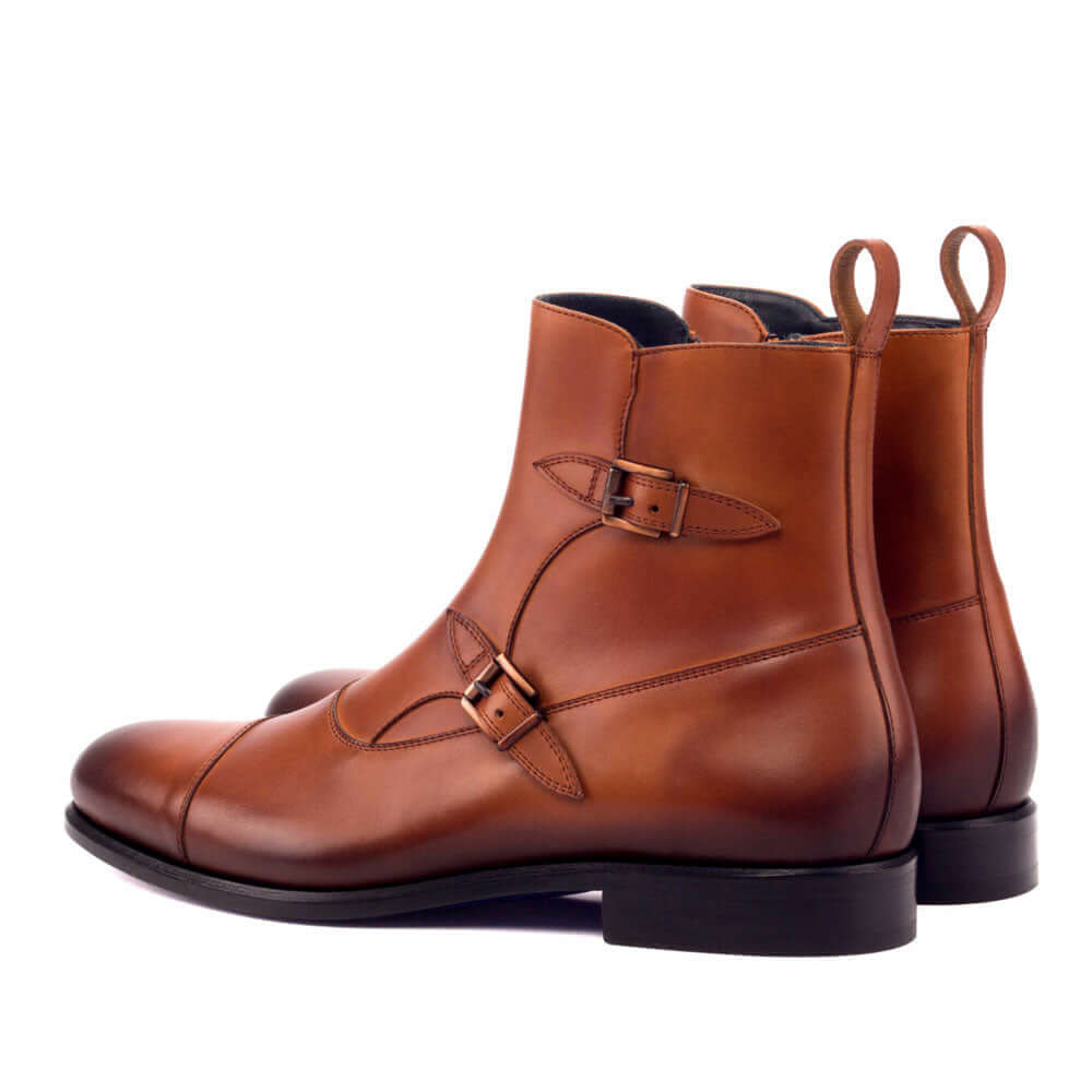 Men's Handmade Brown Burnished Leather Double Monk Elegant Derby Boots