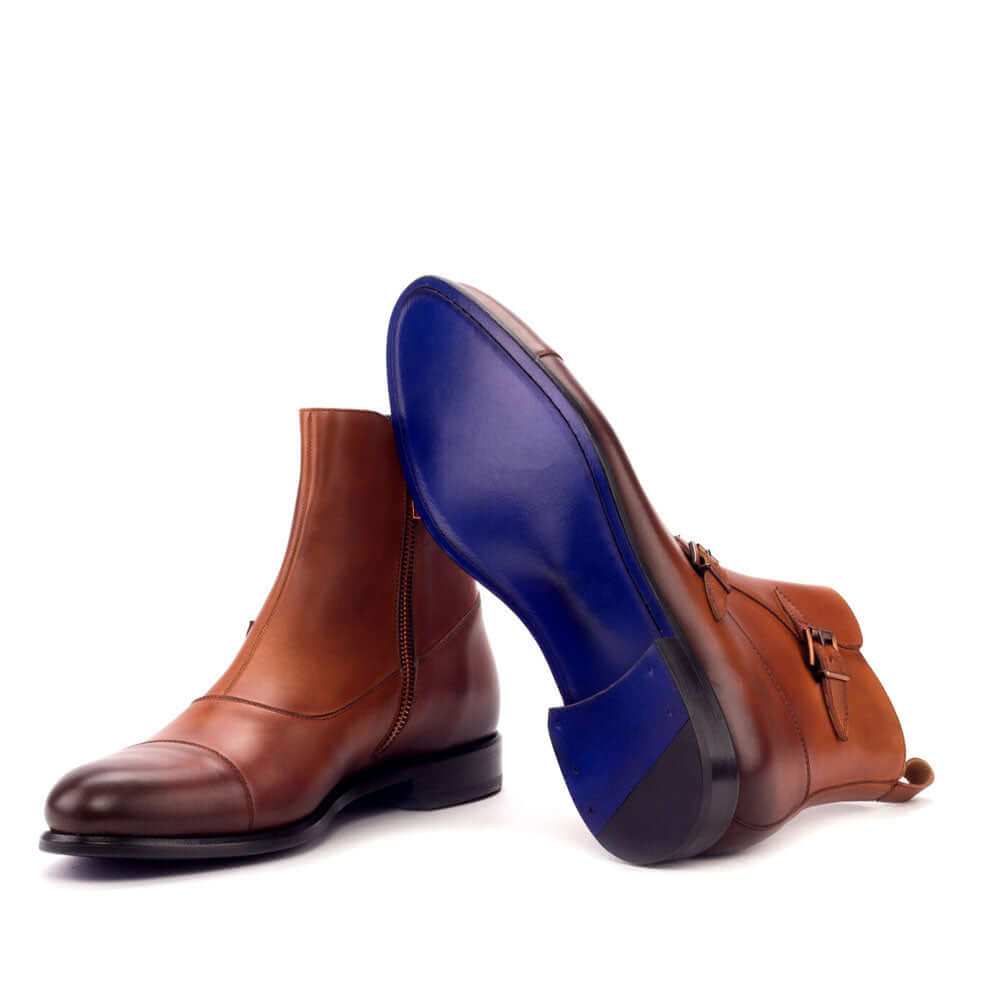 Men's Handmade Brown Burnished Leather Double Monk Elegant Derby Boots