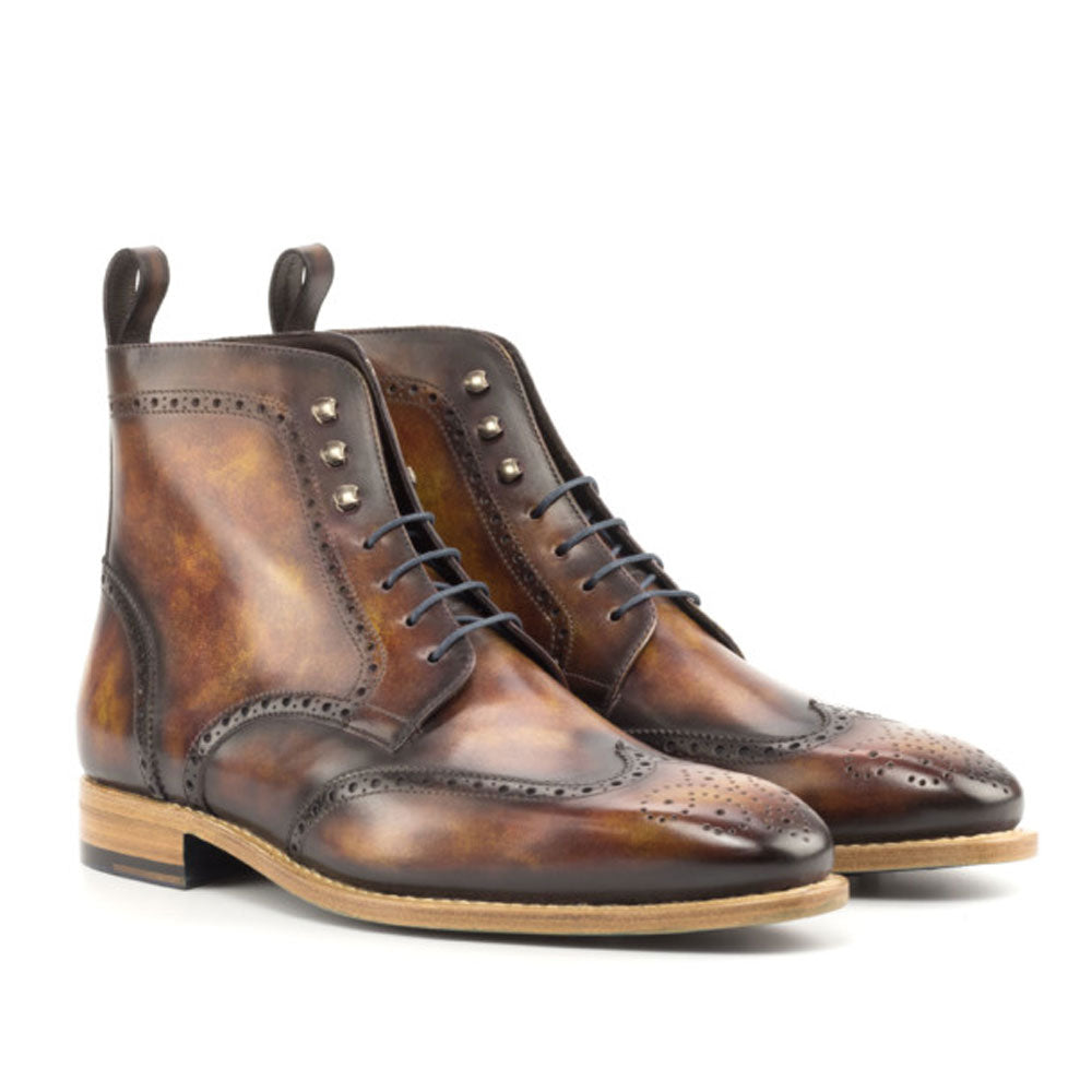 Men's Handmade Brogue Brown Patina Leather Elegant Derby Boot - Hand Made by JB