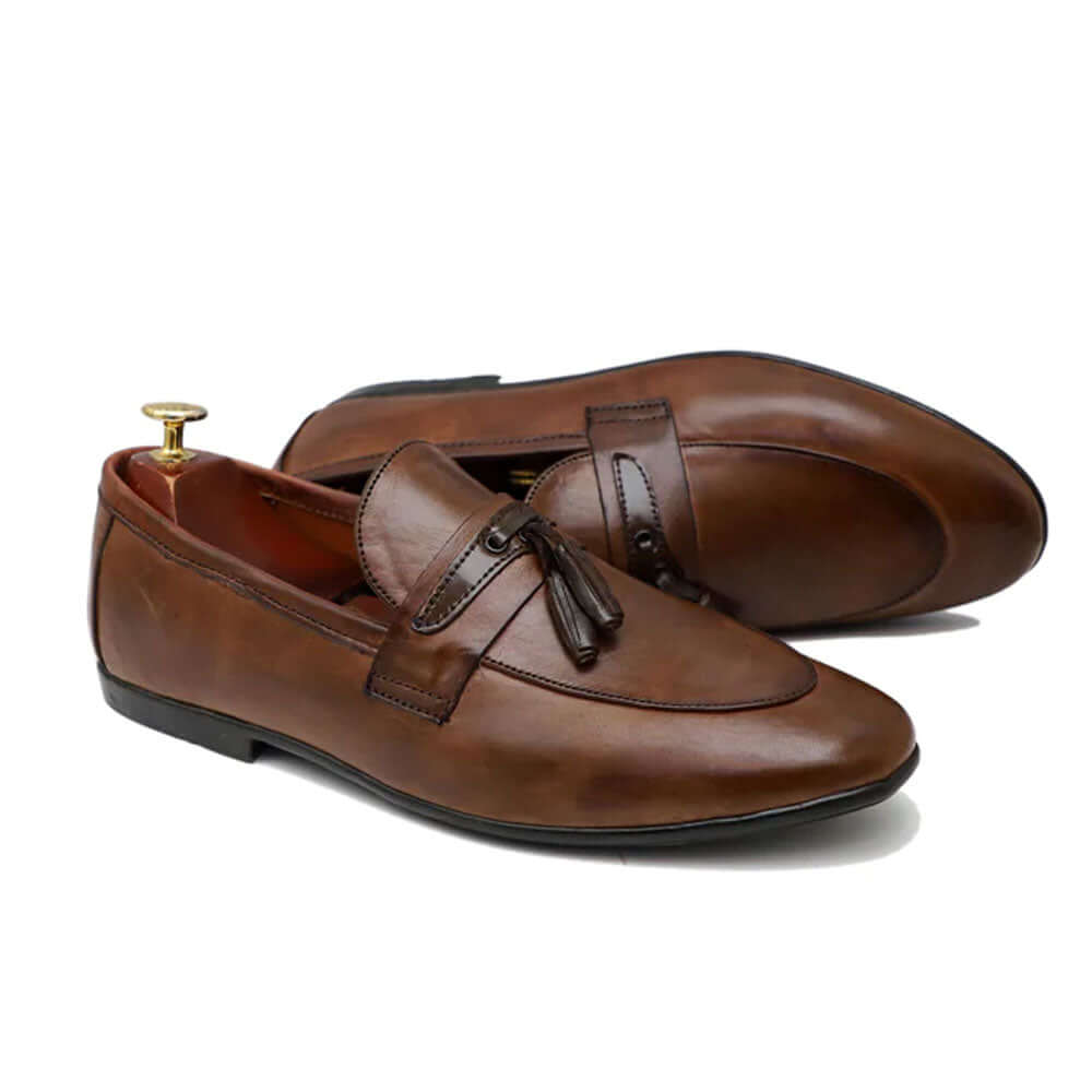 Men's Handmade Brown Leather Tassels Loafers Slip On Shoes