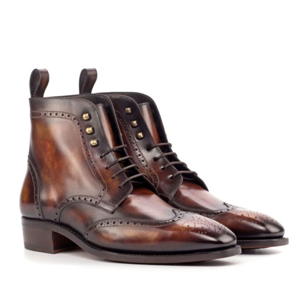 Men's Handmade Brogue Burnished Patina Leather Cuban Heel Elegant Derby Boot - Hand Made by JB