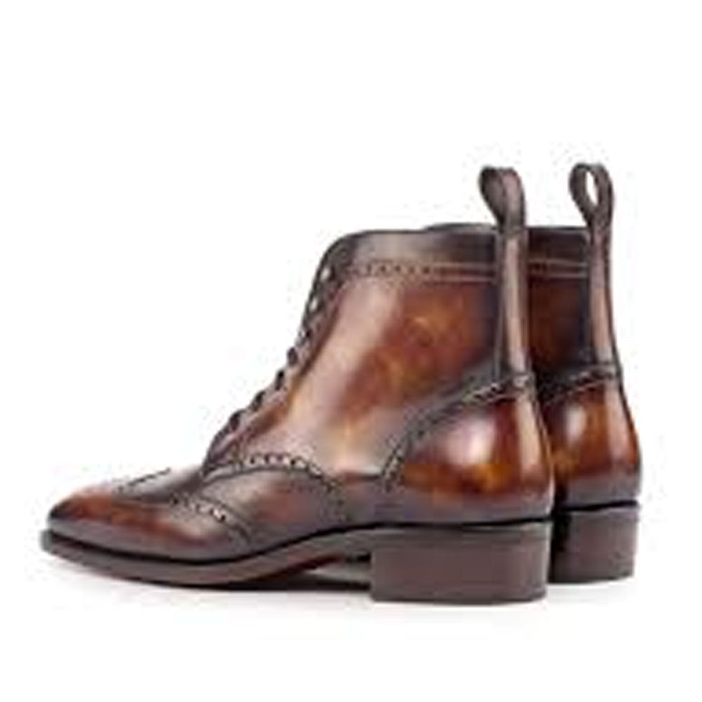 Men's Handmade Brogue Burnished Patina Leather Cuban Heel Elegant Derby Boot