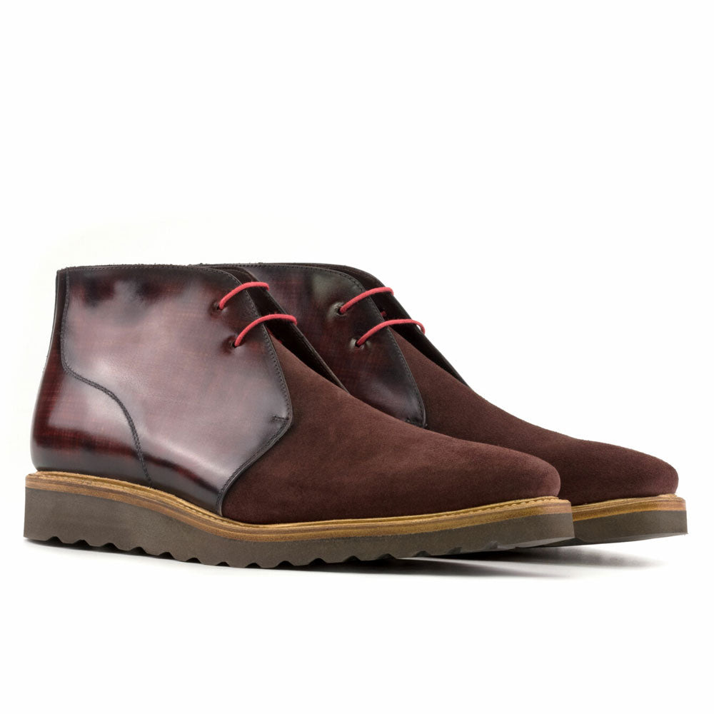 Men's Handmade Burgundy Casual Patina Leather & Suede Chukka Boots - Hand Made by JB
