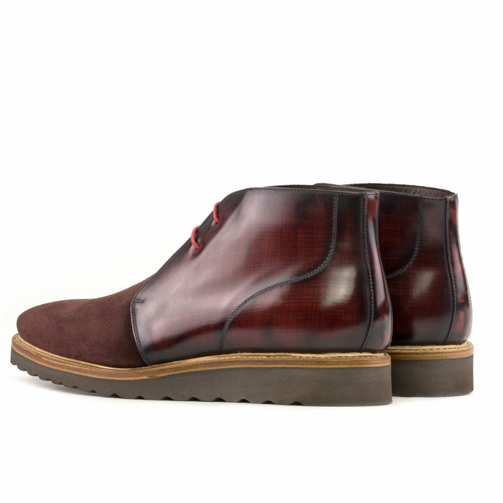 Men's Handmade Burgundy Casual Patina Leather & Suede Chukka Boots