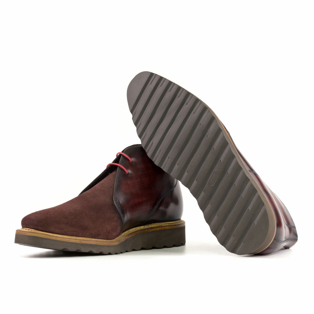 Men's Handmade Burgundy Casual Patina Leather & Suede Chukka Boots