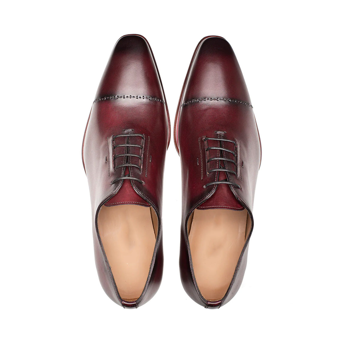 حذاء أكسفورد أنيق مصنوع يدويًا من الجلد باللون العنابي اللون للرجال