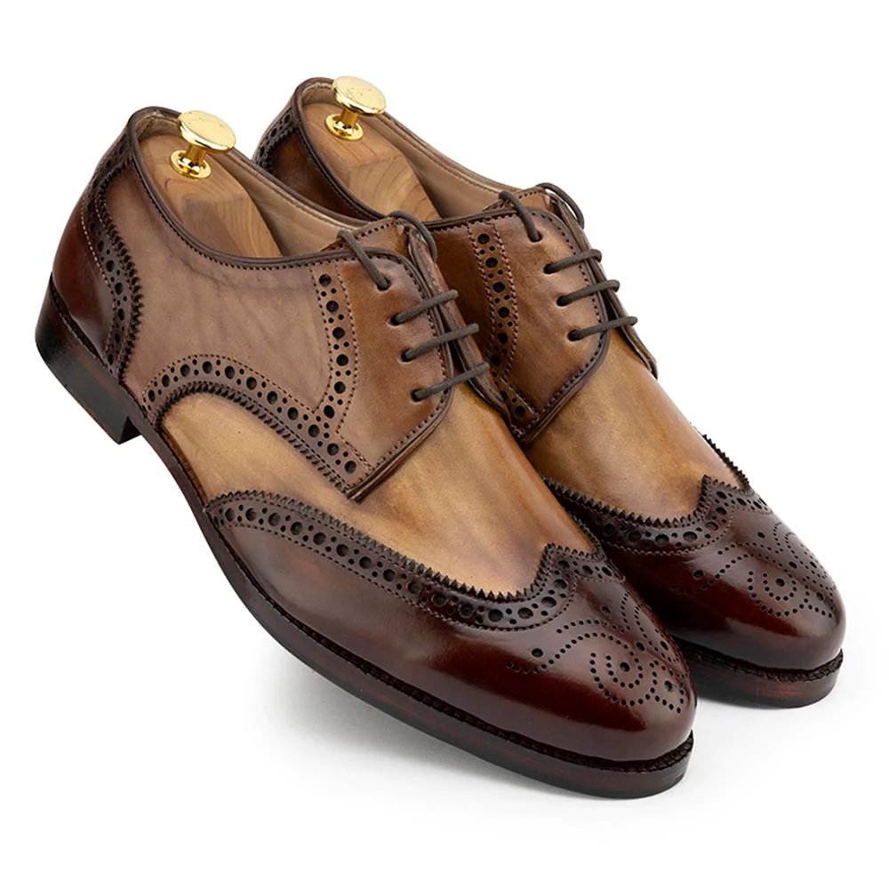Men's Handmade Tan Triple Tone Leather Elegant Derby Shoes