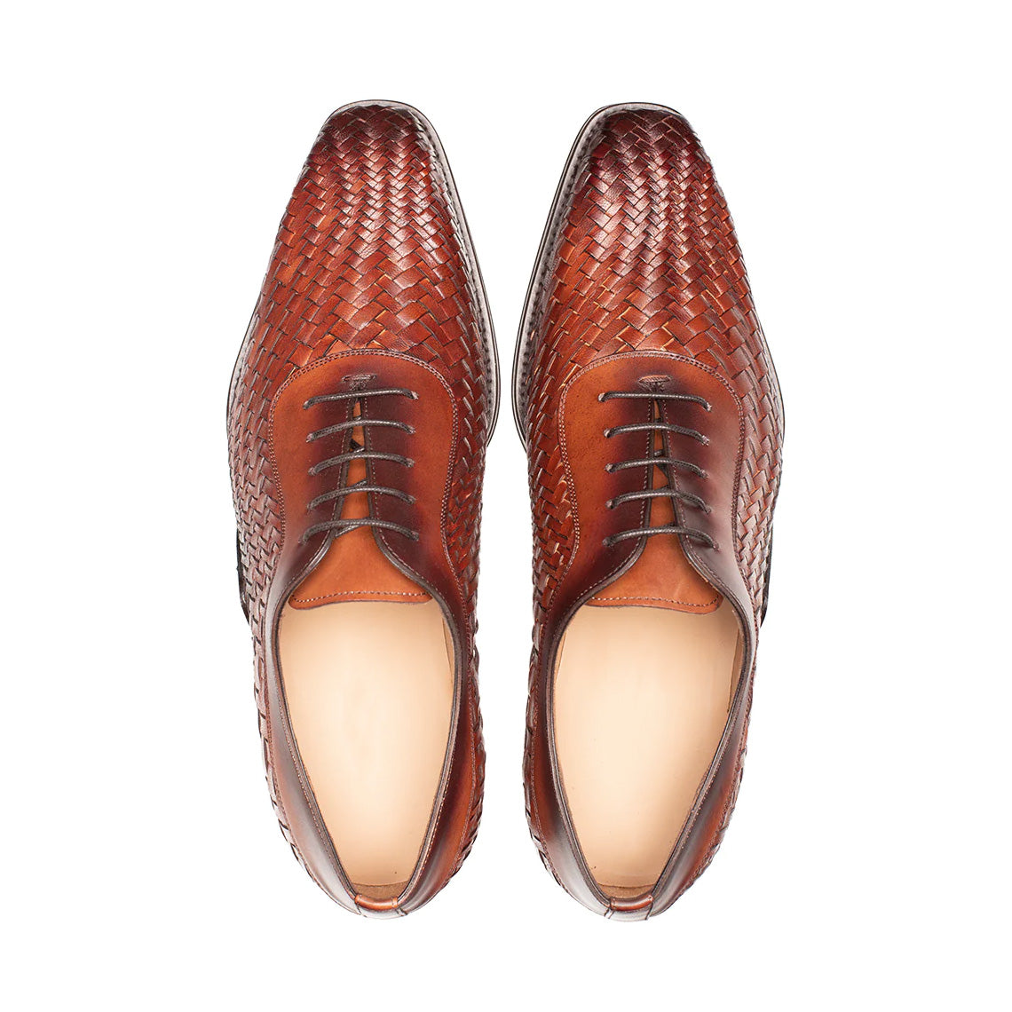 Men's Handmade Calf Leather Lace Up Woven Oxford Shoes - Brown