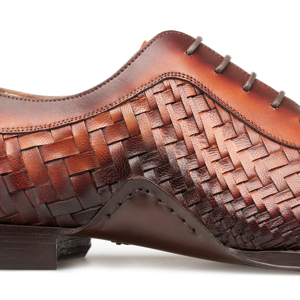Men's Handmade Calf Leather Lace Up Woven Oxford Shoes - Brown