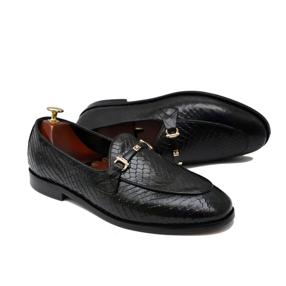 Men's Handmade Black Crocodile Leather Buckle Loafers Slip On Shoes