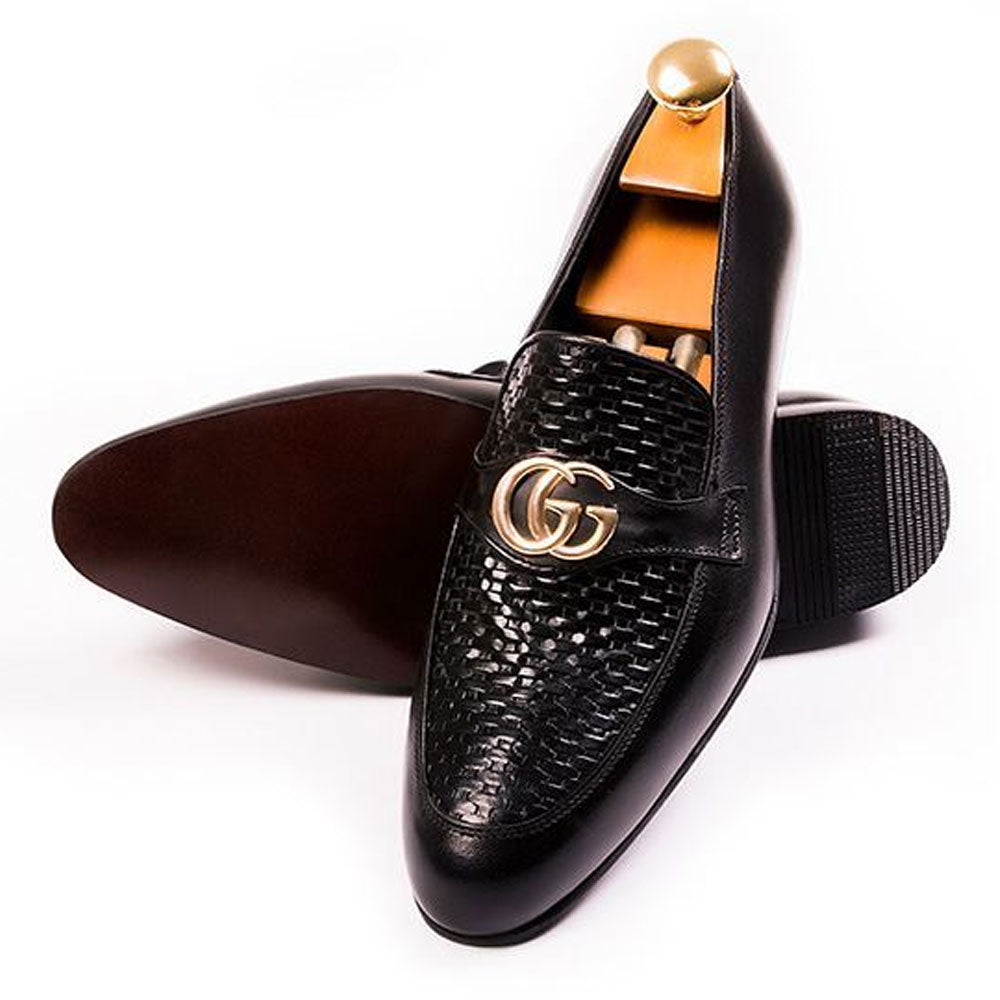 Men's Buckle Loafers Black Full Leather Shoes - Hand Made by JB