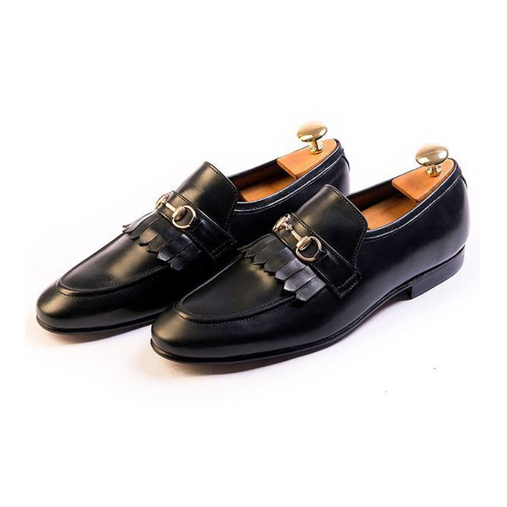 Men's Handmade Black Leather Tuzla Buckle Loafer Shoes