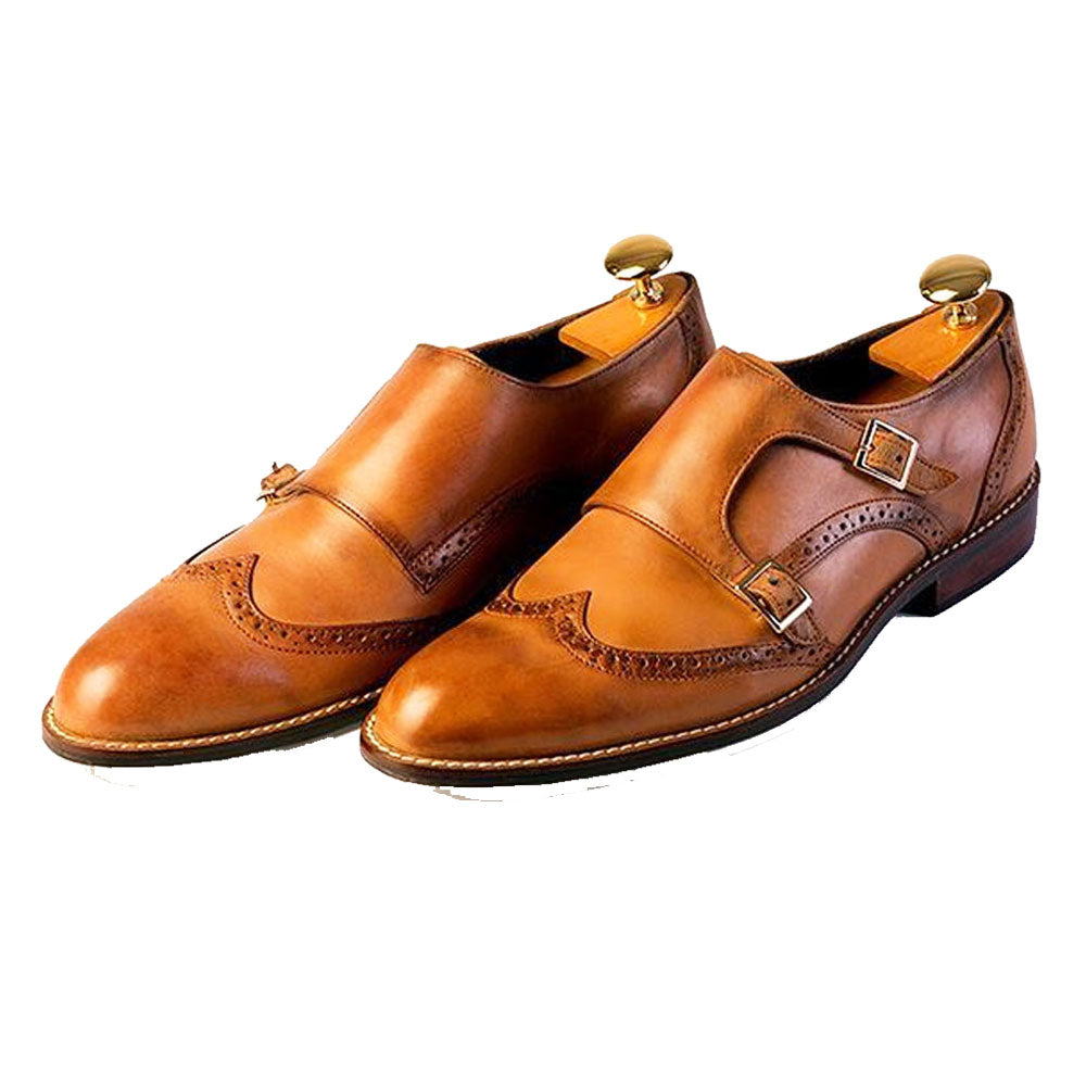 Men's Handmade Brown Leather Shoes Double Monk Strap