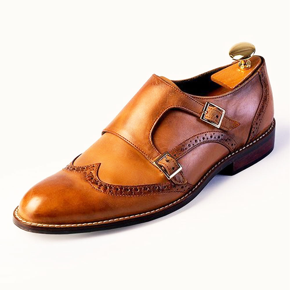 Men's Handmade Brown Leather Shoes Double Monk Strap - Hand Made by JB