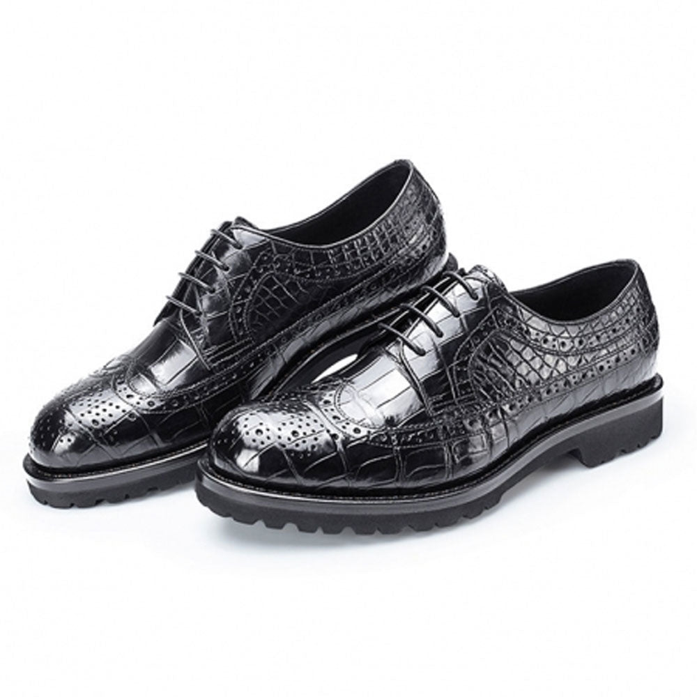 Men's Handmade Black Alligator Shoes  Lined Perforated Leather Elegant Formal Shoe