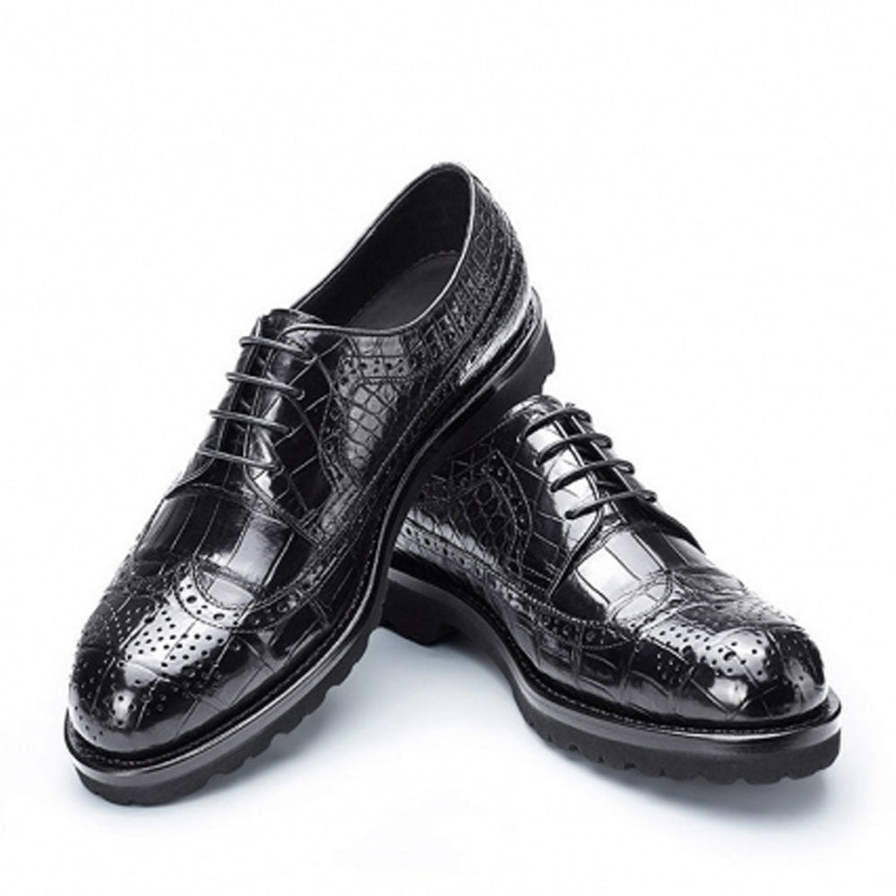 Men's Handmade Black Alligator Shoes  Lined Perforated Leather Elegant Formal Shoe