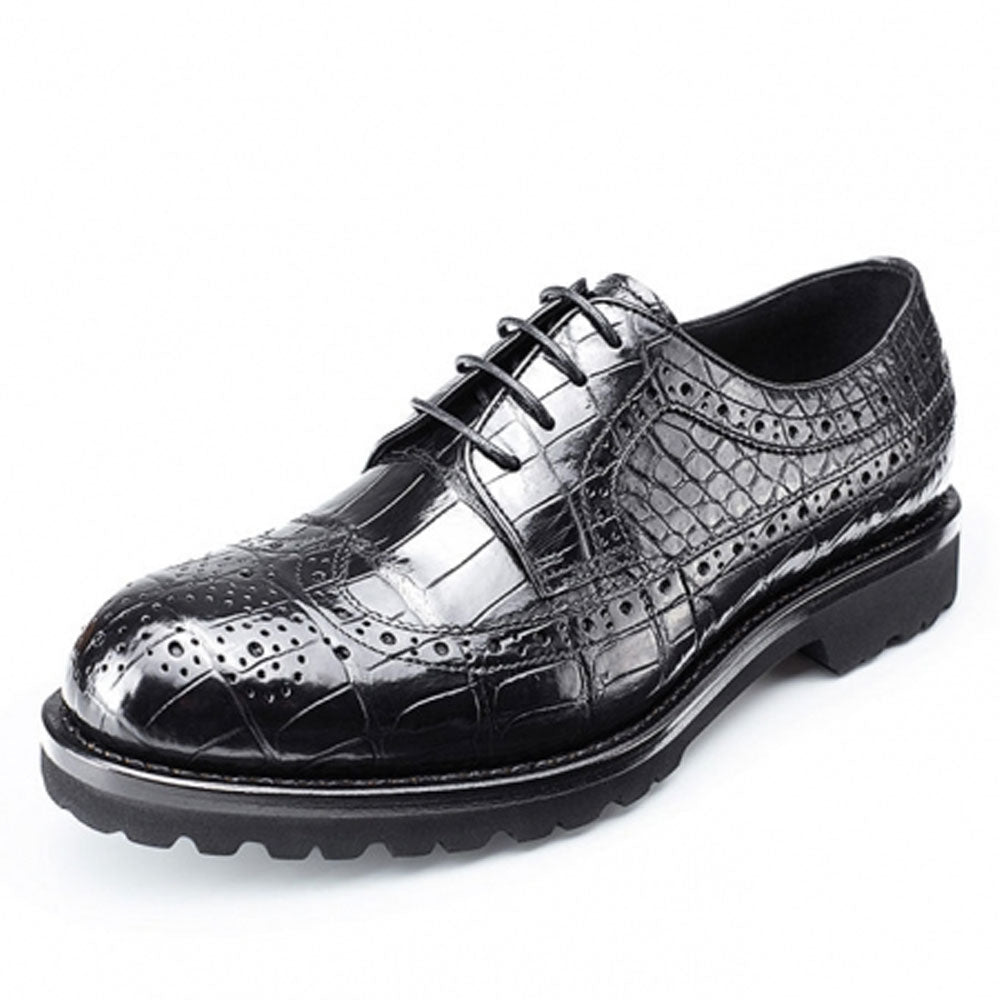 Men's Handmade Black Alligator Shoes Lined Perforated Leather Elegant Derby Shoe - Hand Made by JB