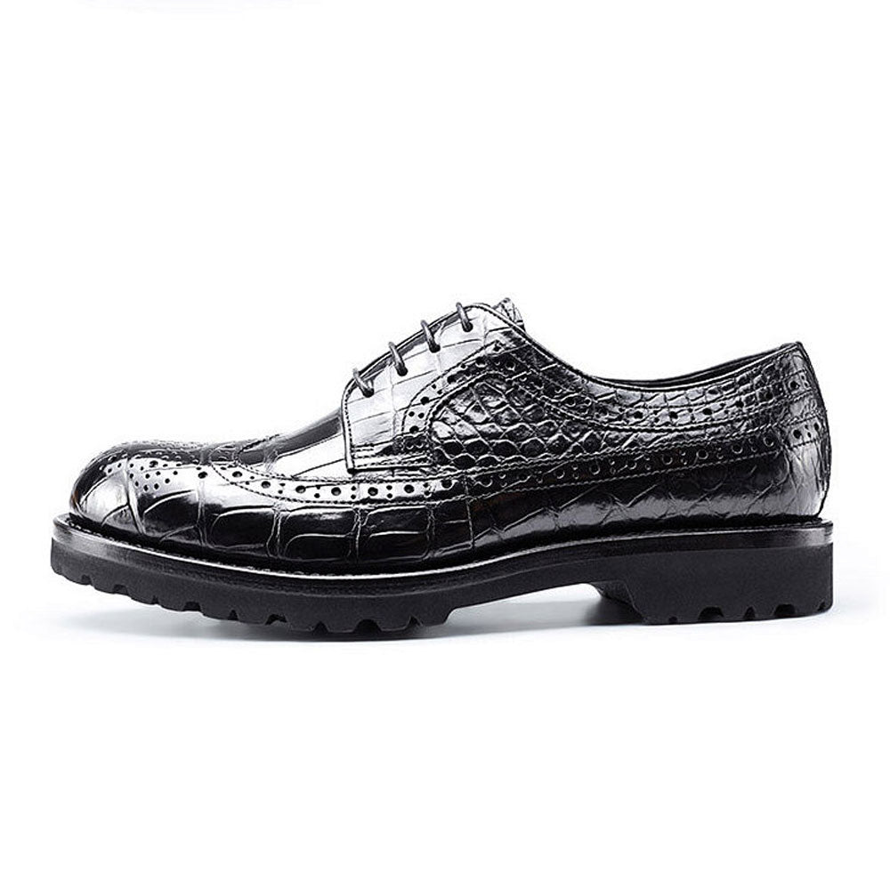 Men's Handmade Black Alligator Shoes  Lined Perforated Leather Elegant Formal Shoe