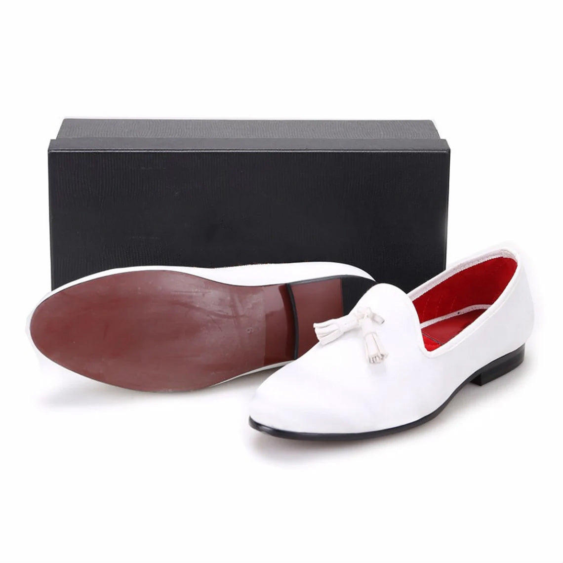 Men's White Suede Slippers Loafers with White Tassel Prom Wedding