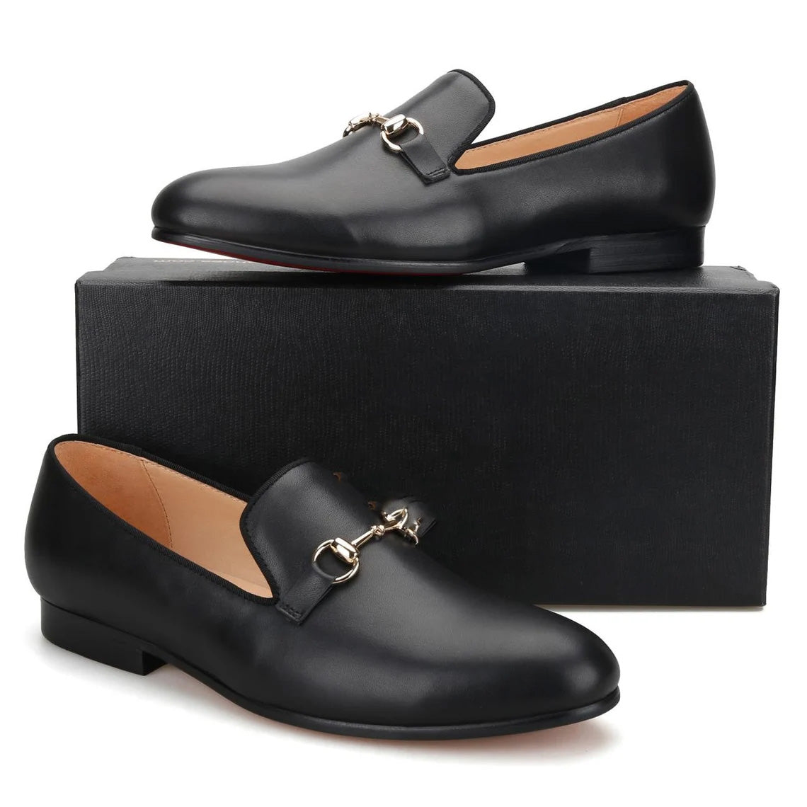 JB Black Leather Slippers Loafers with Gold Horsebit Prom Wedding