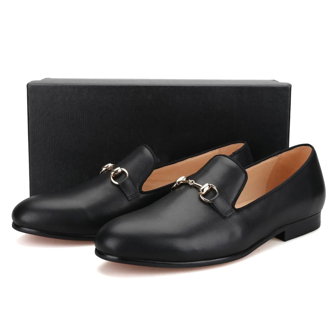 JB Black Leather Slippers Loafers with Gold Horsebit Prom Wedding