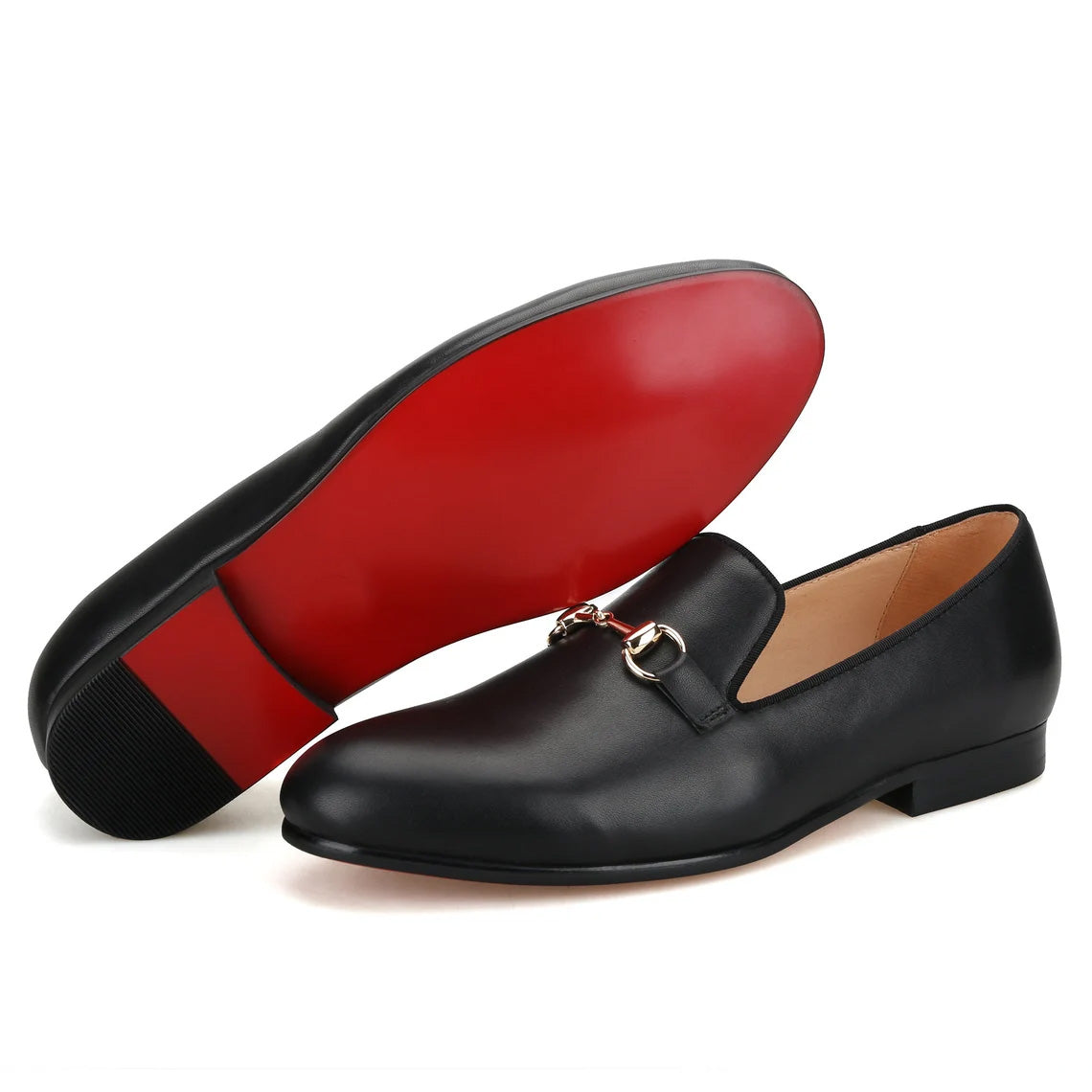 JB Black Leather Slippers Loafers with Gold Horsebit Prom Wedding
