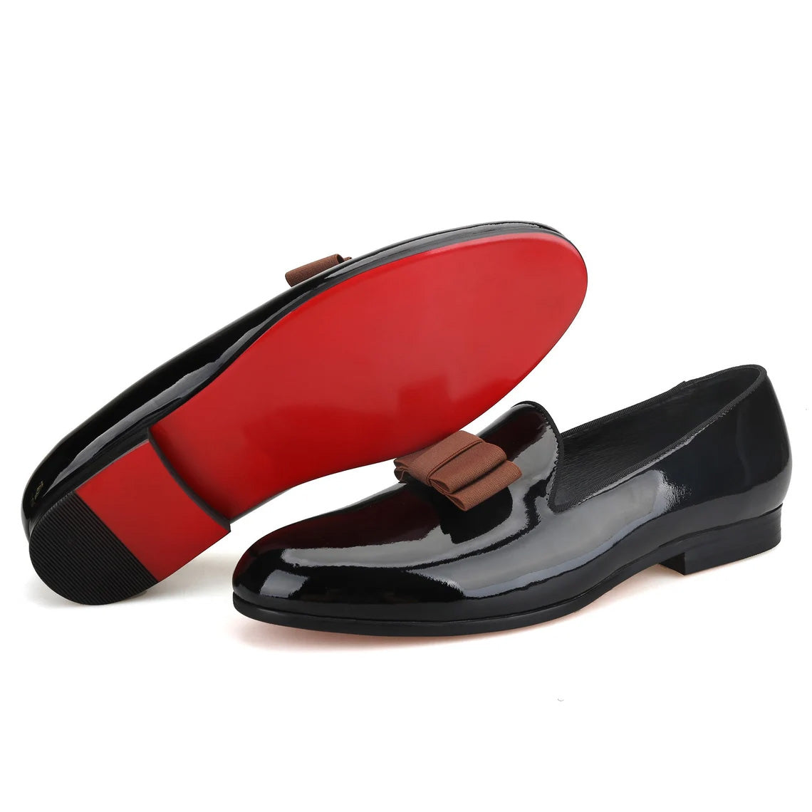 Premium Black Leather Slippers Loafers with Brown Bow Prom Wedding