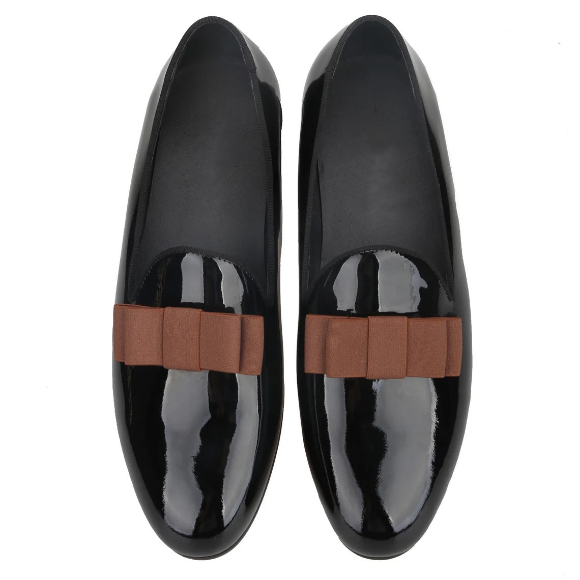 Premium Black Leather Slippers Loafers with Brown Bow Prom Wedding