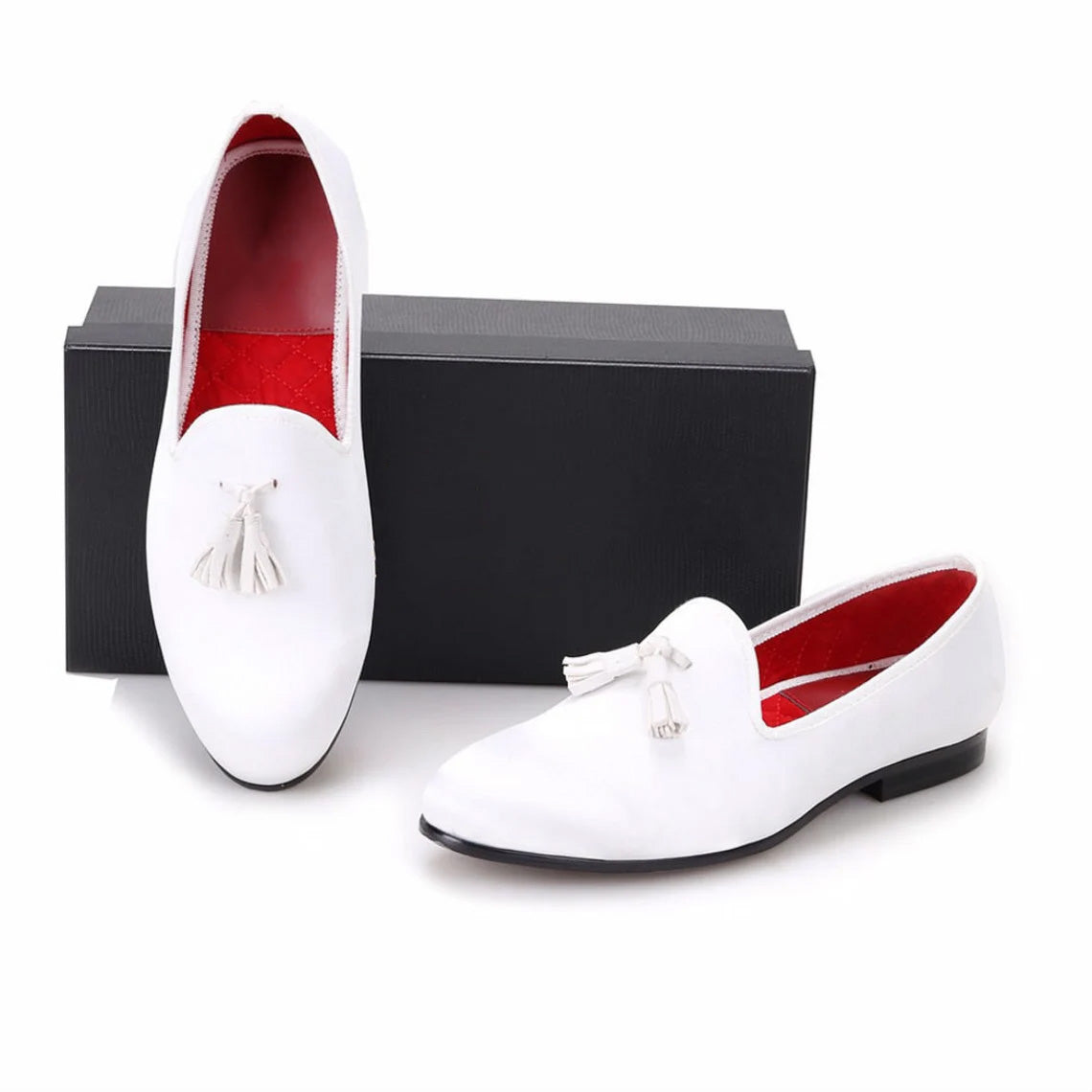 Men's White Suede Slippers Loafers with White Tassel Prom Wedding