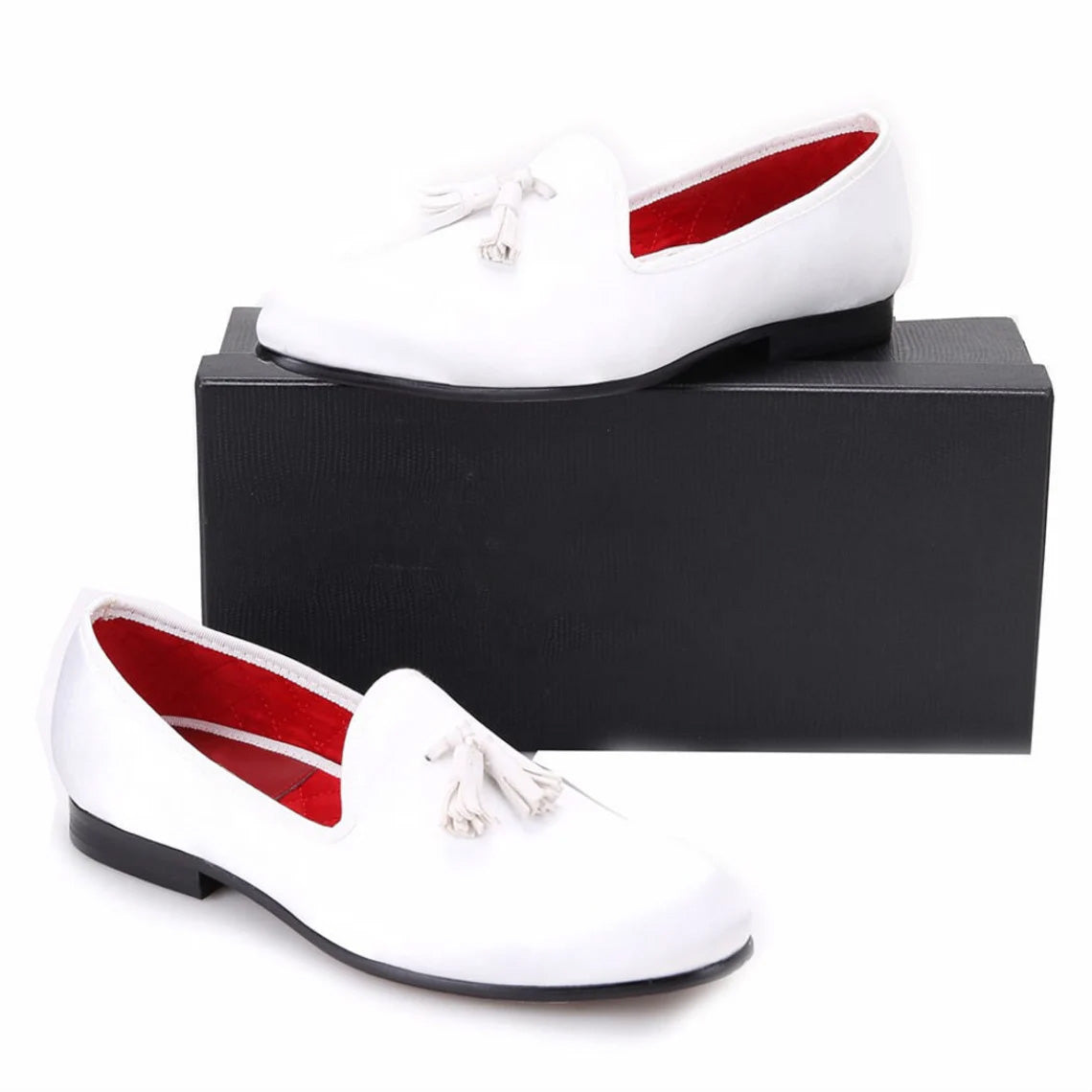 Men's White Suede Slippers Loafers with White Tassel Prom Wedding