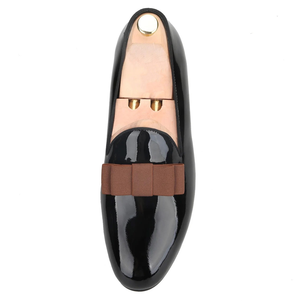 Premium Black Leather Slippers Loafers with Brown Bow Prom Wedding