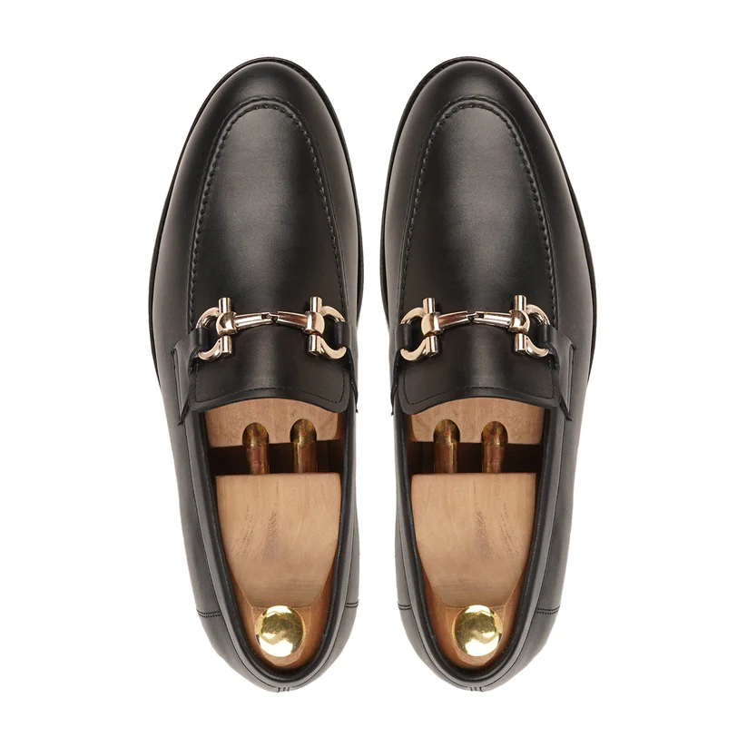 Men's Handmade Black Calf Shine Leather Buckle Loafers